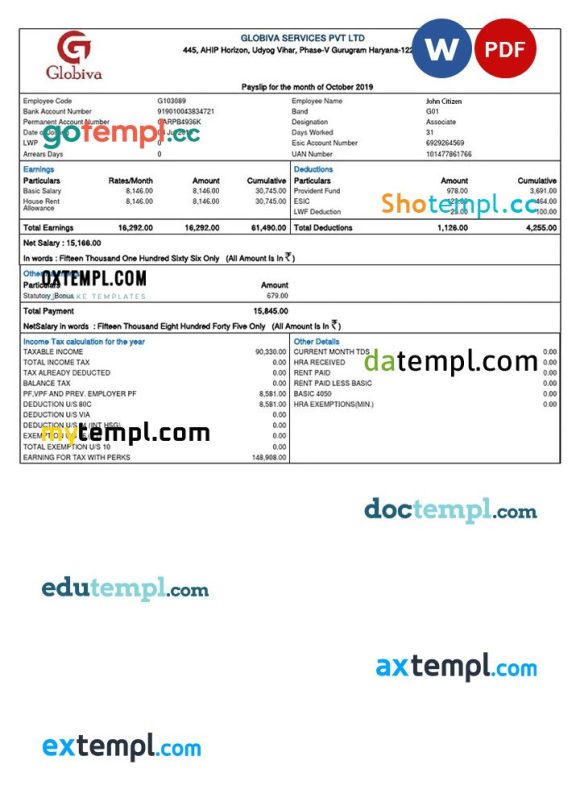 INDIA GLOBIVA Services PVT LTD payslip example in Word and PDF formats
