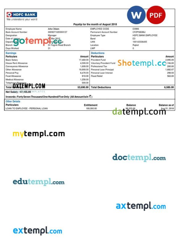 INDIA HDFC bank payslip example in Word and PDF formats