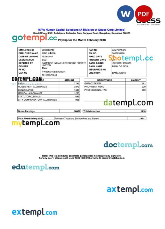 INDIA IKYA Human Capital Solutions payslip example in Word and PDF formats