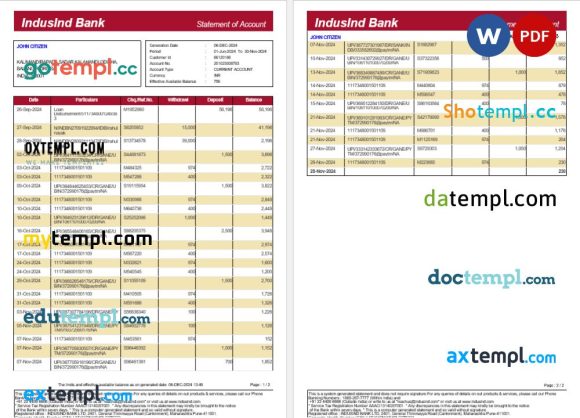 India Induslnd bank statement 3 - 6 months Word and PDF example, 2 pages