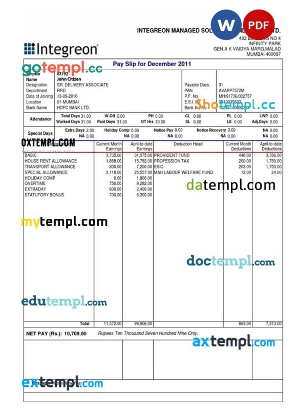 INDIA INTEGRON managed solutions Pvt.Ltd pay stub example in Word and PDF formats
