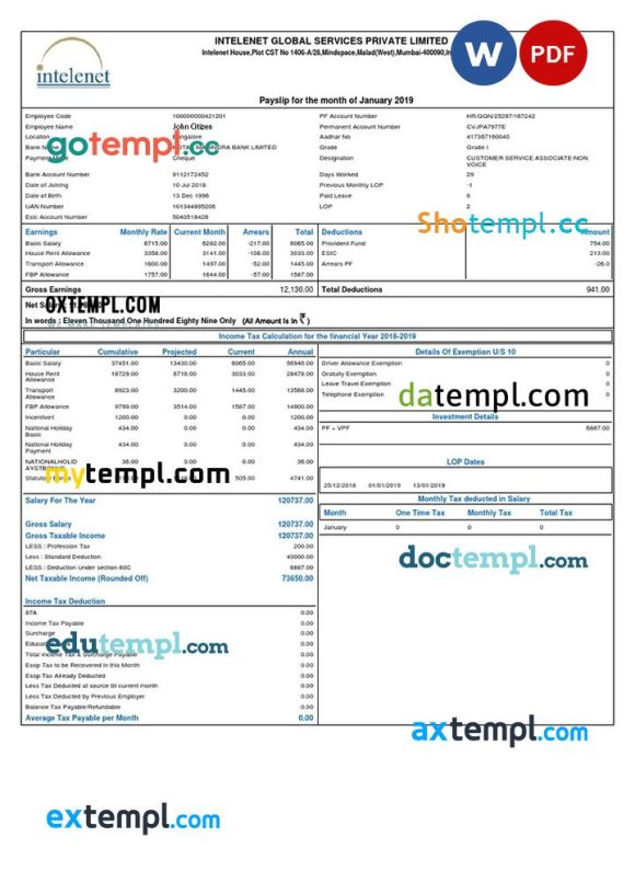 INDIA INTELENET Global Services Limited payslip example in Word and PDF formats
