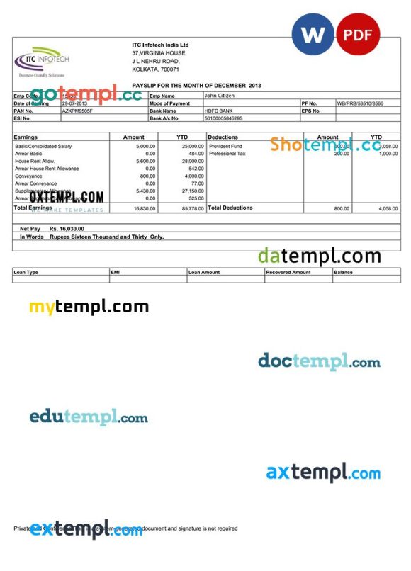 INDIA ITC Infotech Indian LTD payslip example in Word and PDF formats