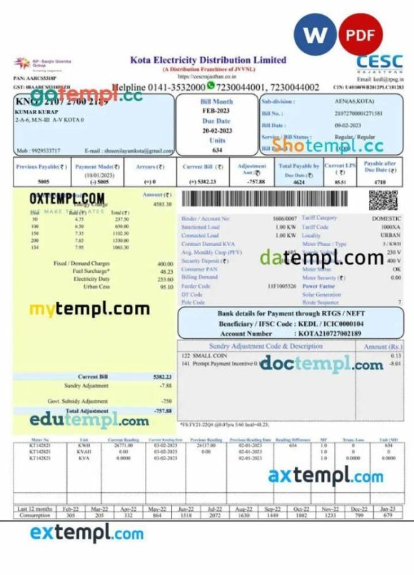 India Kota electricity utility bill Word and PDF template