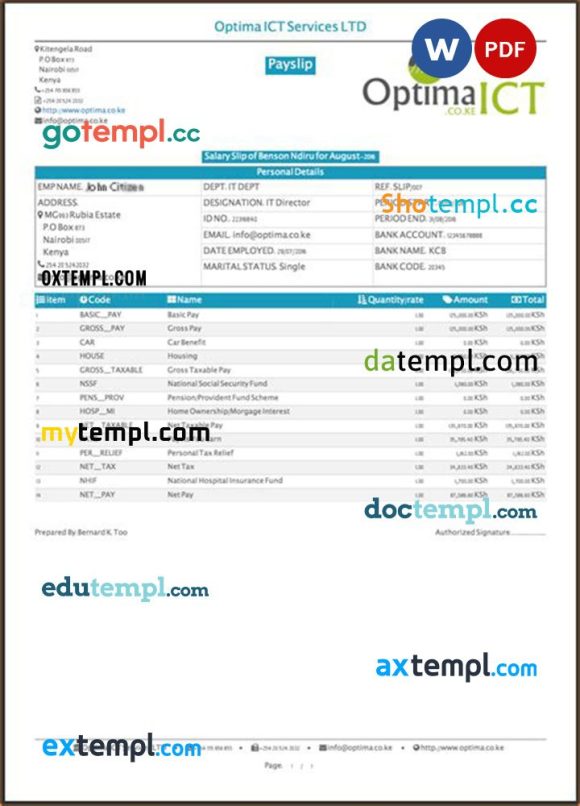 INDIA OPTIMA ICT Services LTD payslip example in Word and PDF formats