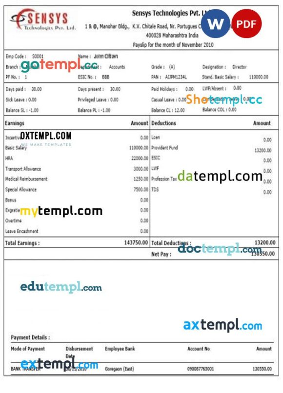INDIA SENSYS technologies Pvt. Ltd. payslip pay stub example in Word and PDF formats