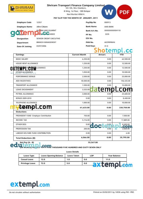 INDIA SHRIRAM Transport Finance Company Limited payslip example in Word and PDF formats