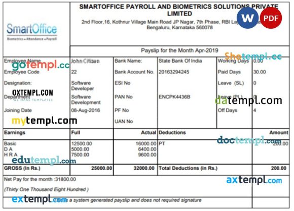 INDIA SMARTOFFICE and Biometrics Solutions Private Limited Payroll example in Word and PDF formats