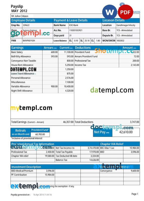 INDIA TATA Consultancy Services payslip example in Word and PDF formats
