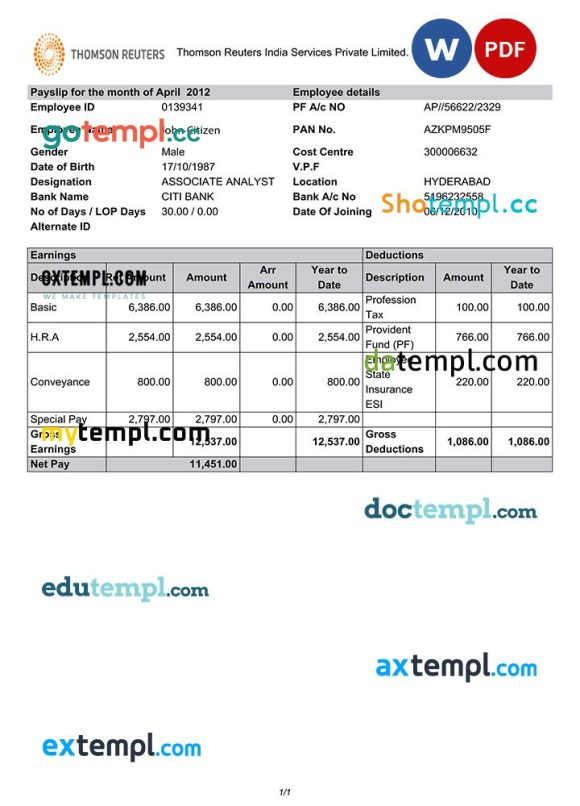 INDIA THOMSON Reuters Indian Services Private Limited payslip example in Word and PDF formats