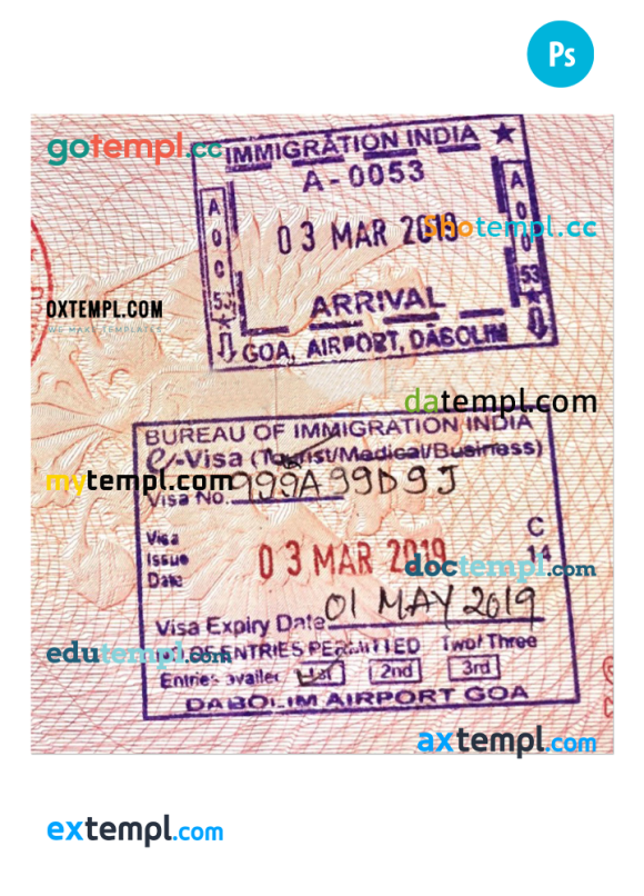 Indian stamp tourist visa PSD example