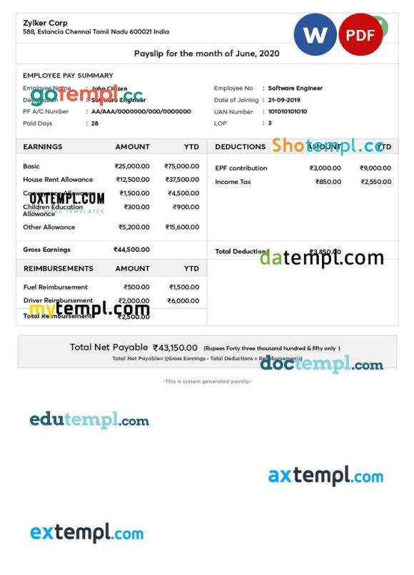 INDIA ZYLKER corporation payslip example in Word and PDF formats
