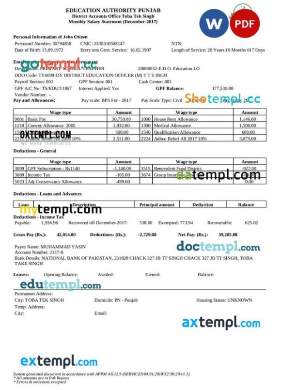 INDIA education authority Punjab mpnthly salary statement example in Word and PDF formats