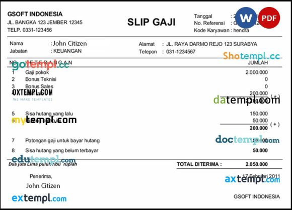 INDONESIA GSOFT payslip example in Word in PDF formats