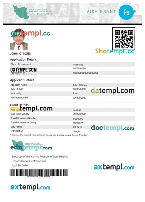 Persian electronic visa PSD example, fully editable