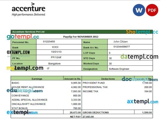 IRELAND ACCENTURE IT company earning statement example in Word and PDF formats