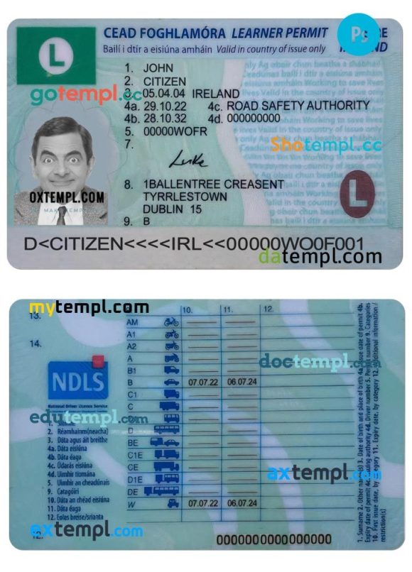 Irish driver license download (learner permit) example in PSD format, 2022- present