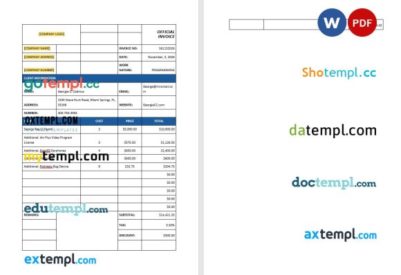IT Support Invoice example in word and pdf format