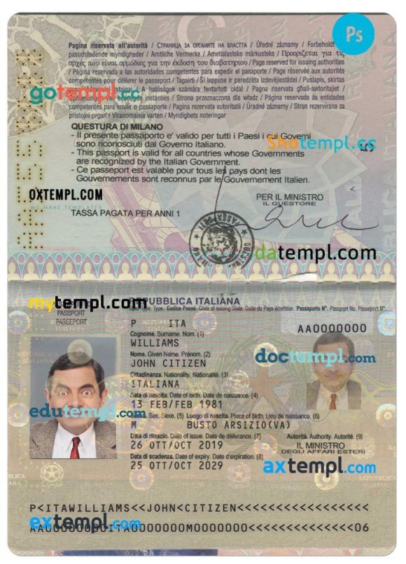 Italian passport example in PSD format, version 2