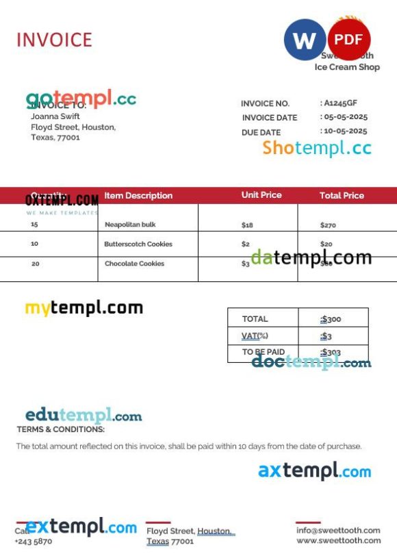 Ice Cream Invoice example in word and pdf format