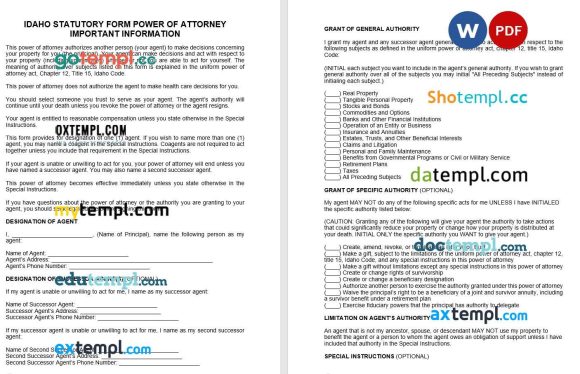 Idaho Durable Statutory Power of Attorney Form example, fully editable