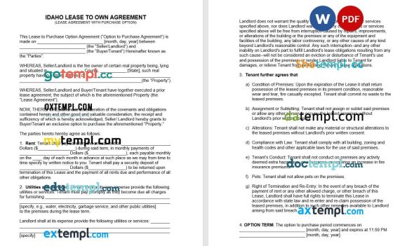 Idaho Lease Agreement with Option to Purchase Word example, fully editable