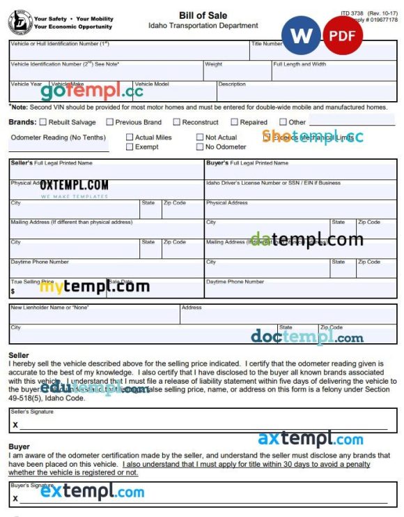 Idaho Motor Vehicle Bill of Sale Form example, fully editable