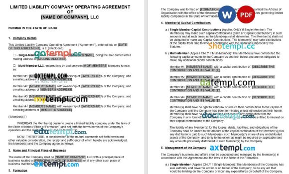 Idaho Operating Agreement Word example, fully editable