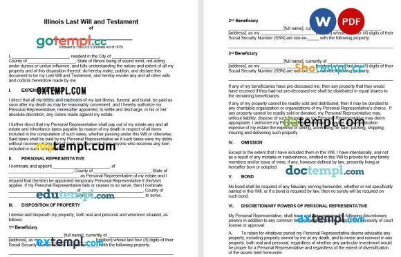 Illinois Last Will and Testamen example, fully editable