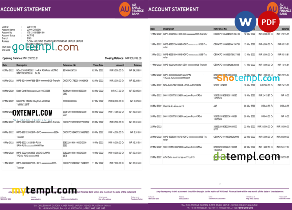 Indian AU Small Finance bank statement 3 - 6 months, Word and PDF example, 5 pages