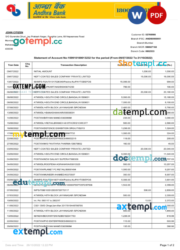 Indian Andhra bank statement 3 - 6 months Word and PDF example, 2 pages