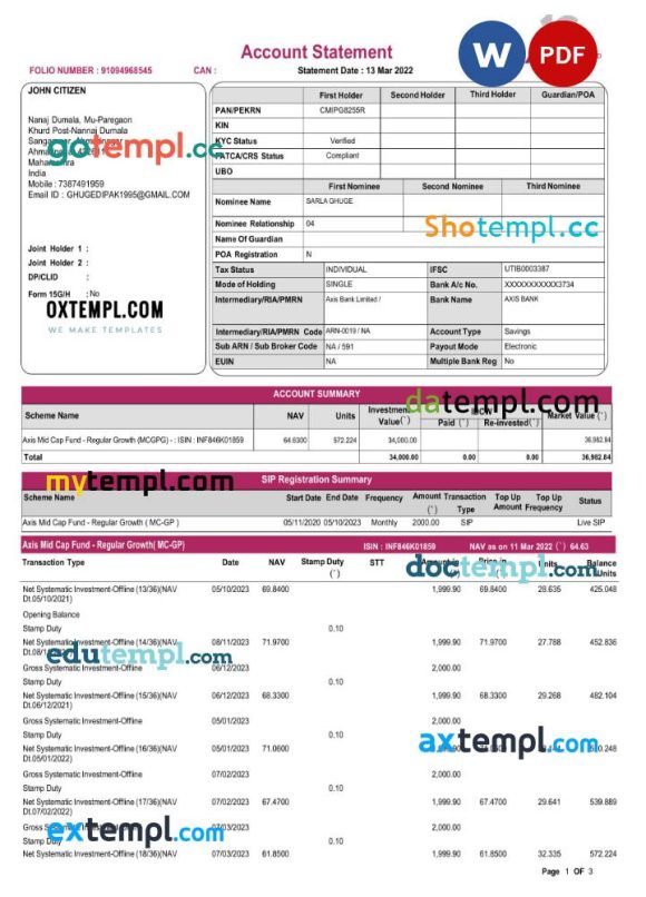 Indian Axis Mutual Fund bank statement 3 - 6 months Word and PDF example, 3 pages