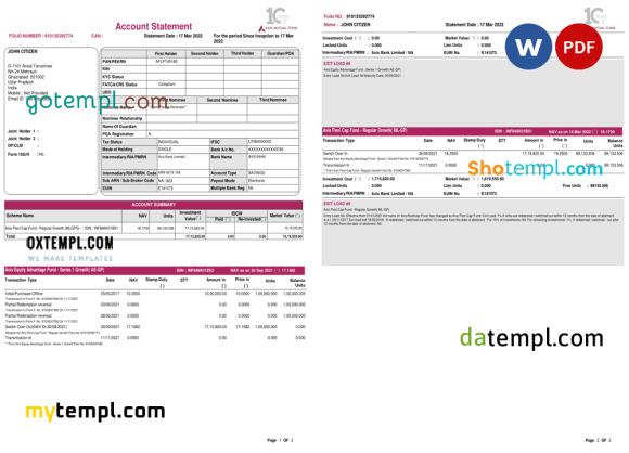 Indian Axis bank statement 3 - 6 months, Word and PDF example, 3 pages