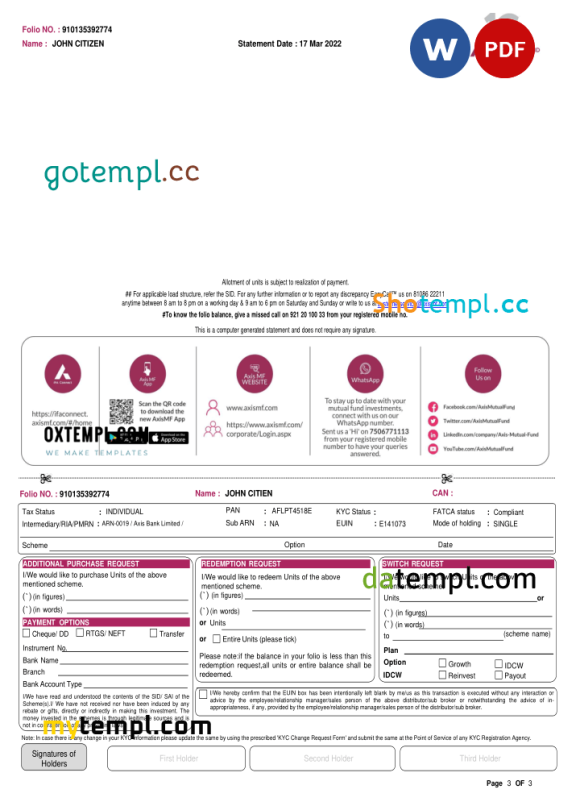 Indian Axis bank statement 3 - 6 months, Word and PDF example, 3 pages - Image 2