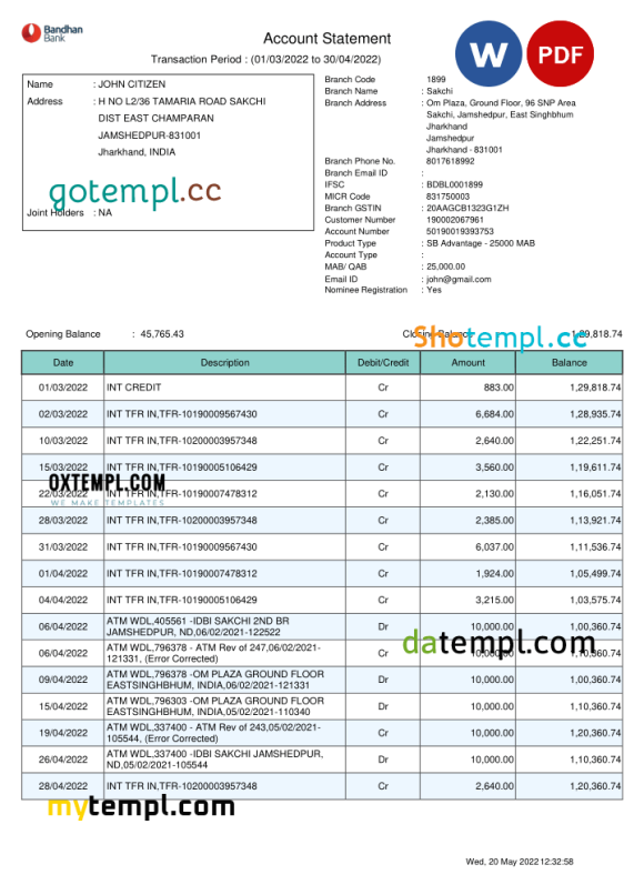 Indian Bandhan bank statement 3 - 6 months, Word and PDF example, 2 pages