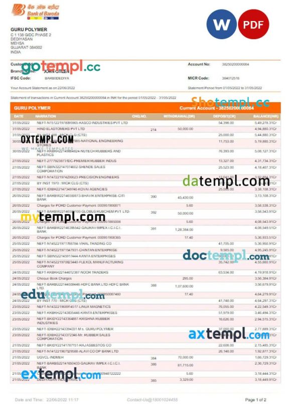 INDIA BANK OF BARODA bank statement Word and PDF template