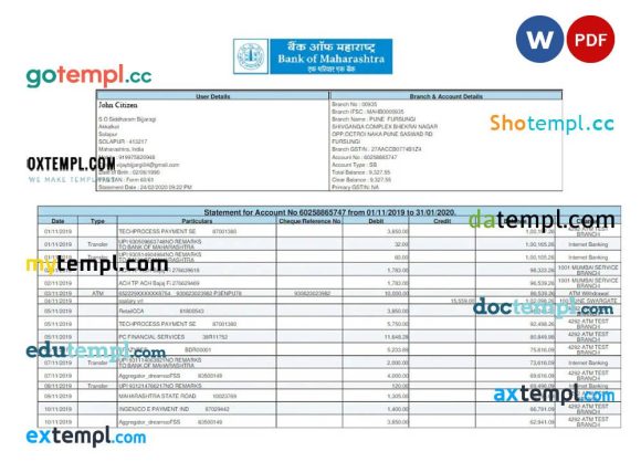 INDIA BANK OF MAHARASHTRA bank statement 3 - 6 months Word and PDF example