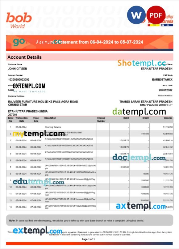 India Bob Bank of Boroda statement Word and PDF example