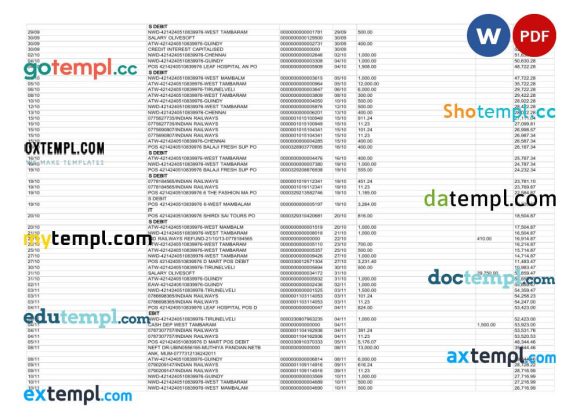 Indian Canara Bank statement Word and PDF example, 3 pages