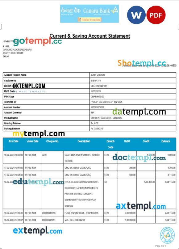 India Canara bank statement 3 - 6 months Word and PDF example, 24 pages