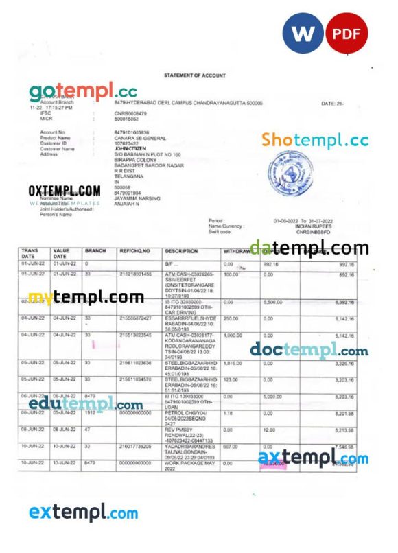 INDIA CANARA bank statement 3 - 6 months Word and PDF example, version 2