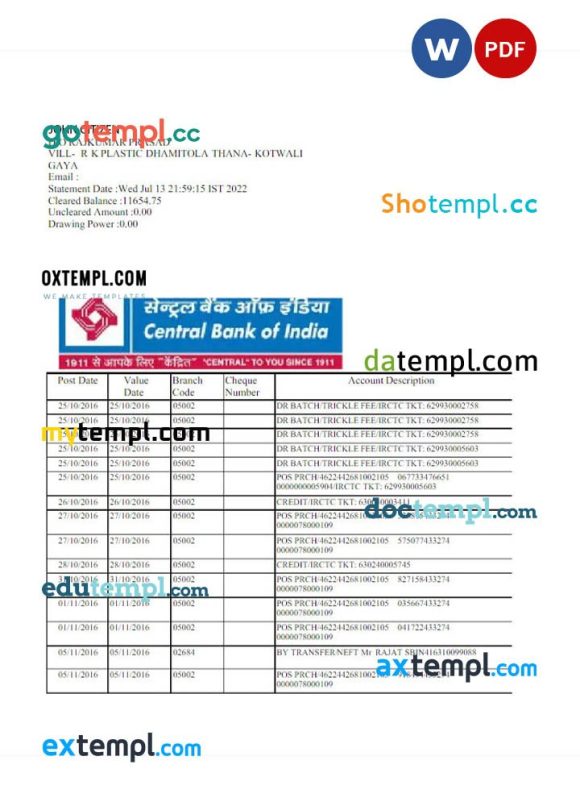 INDIA CENTRAL BANK OF INDIA statement Word and PDF template