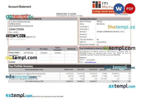 INDIA ITI mutual fund statement Word and PDF example
