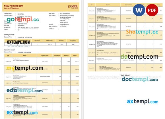 India NSDL bank statement 3 - 6 months Word and PDF example, 2 pages
