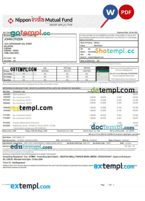 INDIA NIPPON bank statement Word and PDF template