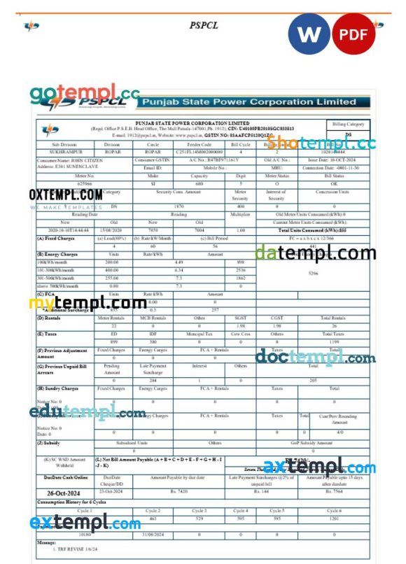 India PSPCL utility bill download Word and PDF example