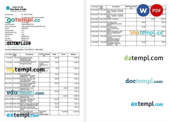 India State bank statement Word and PDF template, 2 pages