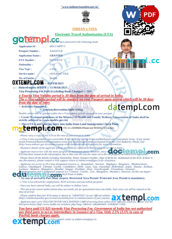 Indian electronic visa (e-visa) Word and PDF example