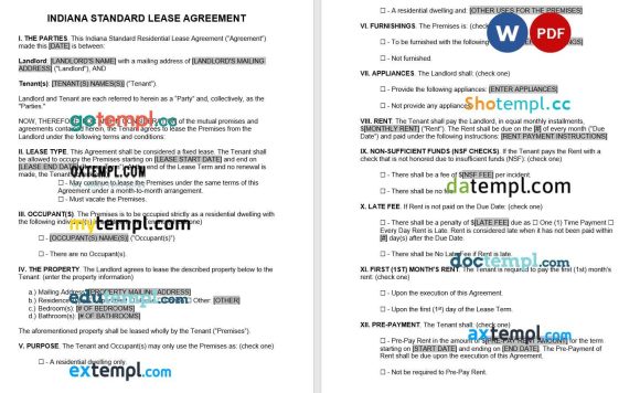 Indianna Standard Lease Agreement Word example, fully editable