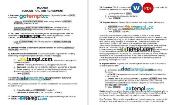 Indianna Subcontractor Agreement Word example, fully editable